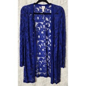 Chicos Cardigan Womens M Blue Lace Floral Open Front Long Sleeve Dressy Layering